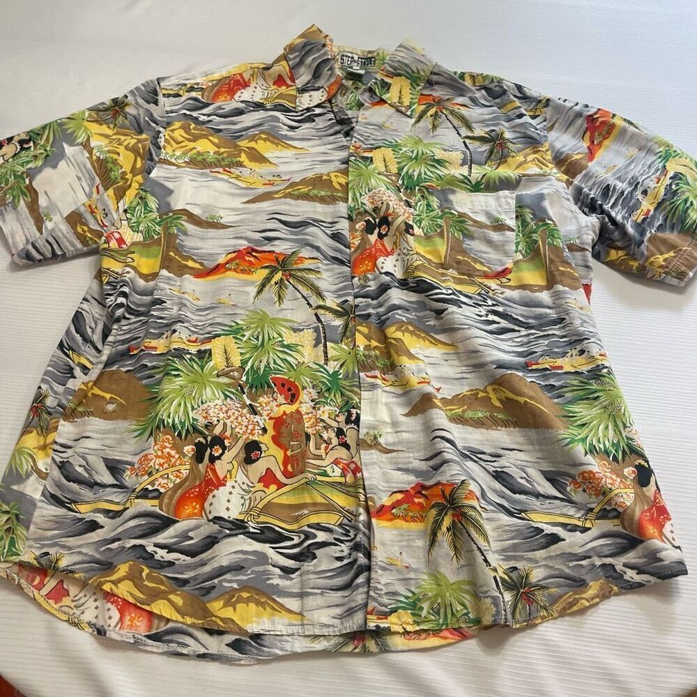 Step In Style Vintage Hawaiian Short Sleeve Button Up Shirt XL See Measurements